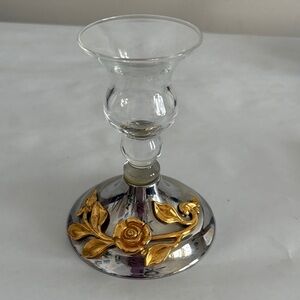Damask Rose by Oneida Silver Glass Candle Holder with Gold Floral Design